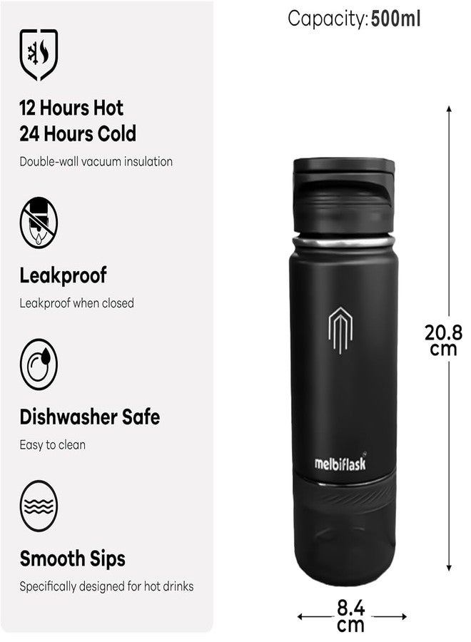 Melbify Melbiflask Mini | 2 in 1 Everyday Flask with Snack Compartment | 500 ml | Black | Hot 12 Hrs/Cold 24 Hrs | Wide Mouth | Easy Flip Lid | BPA-Free | Fits in Bag/Car | Ideal for School, Work, Gym - Image 2